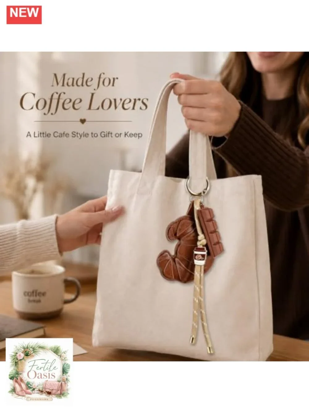 Croissant Coffee Bag Charm Keychain Purse Charm, Faux Leather Tassel